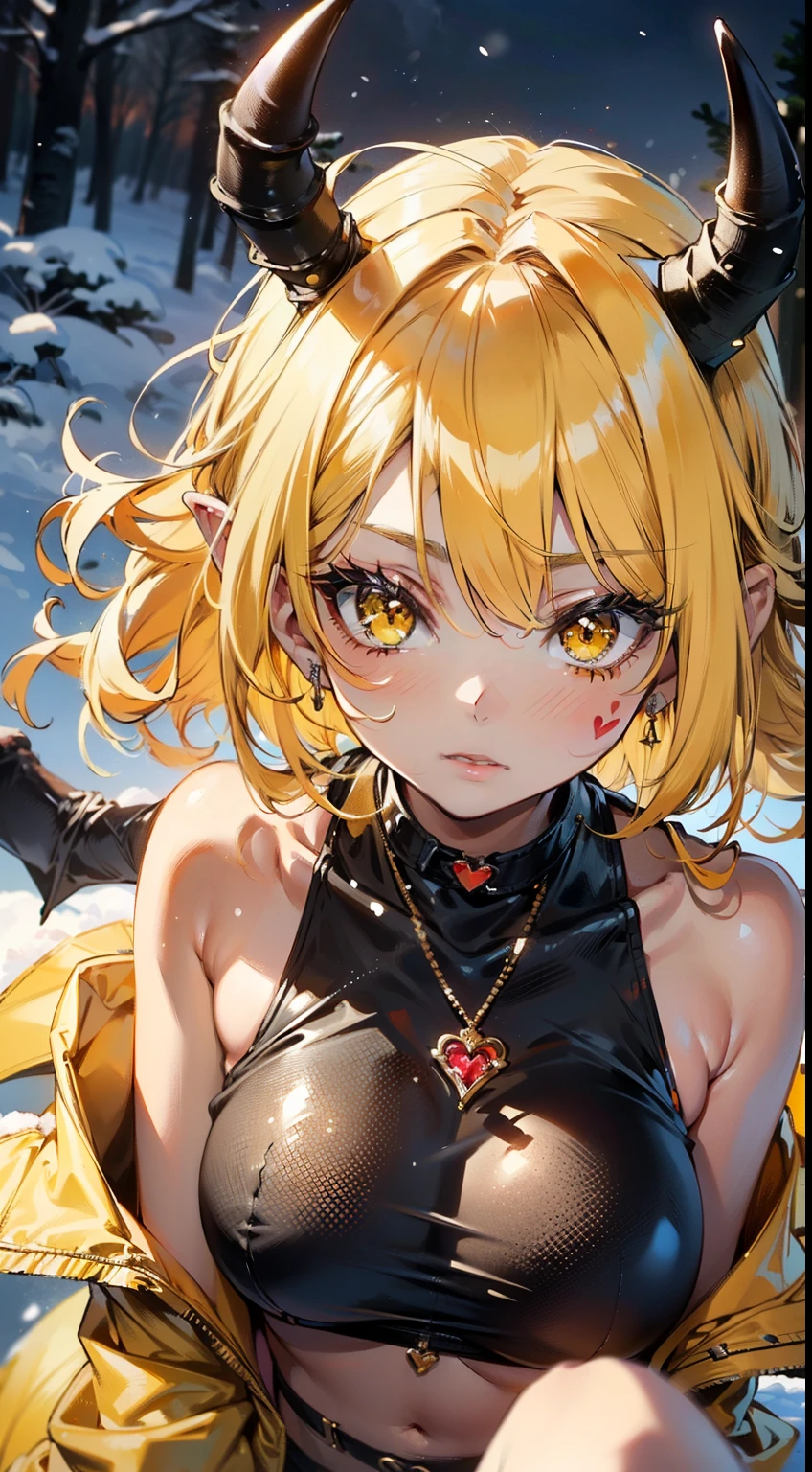 ((Demon Kizi,demon wings, yellow wings,demon horns)), 1 demon Kizi, Kizi,1Kizi,((extremely cute and beautiful demon yellow haired Kizi)),(breasts big:1.4),((((short yellow hair:1.35,bangss,colored inner hair,ear breathing)))),(((yellow_eyeballs:1.3))),intrikate eyeballs,beautiful detailed eyeballs,symmetrical eyeballs,garnet eyeballs,((((shining skin:1.5,skin tanned,shining skin:1.5,skin tanned,shining skin,very shining skin,shinny body)))),(spider lower abdomen,narrow waisted,wide hip,athletic body,inflated legs,body detailed,(face detailed)),((Heart pupils:1.4, Heart,Hearts,Heart marks)), cute,slutty,seducer,erotic,(NSFW), choker,latex,leather jacket,yellow shirt,leather shorts,(yellow theme:1.2),(yellow tone:1.2),black tone,((へそ)),(((decompressed, open fly))), (dynamic pose:1.0),(ssmile:0.6),provocative,,(centred,scale to fit dimensions,rule of thirds), ((snowy pine forest at night)), with dark and stormy clouds,winter,Scenario:1.25,((snow forest background)),Christmas tree, (Glossy winter ornaments),high resolution,sharp focus,(ultra detaild,extremely detaild),(photorealistic art:1.37),(extremely detaild CG unity 8k wallpaper),(((swirly vibrant colors,vibrant theme))),(intrikate),(work of art),(best qualityer),