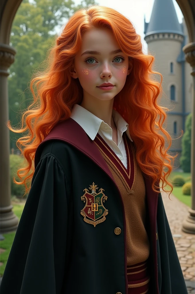 Pretty girl with curly hairs in Harry Potter robes