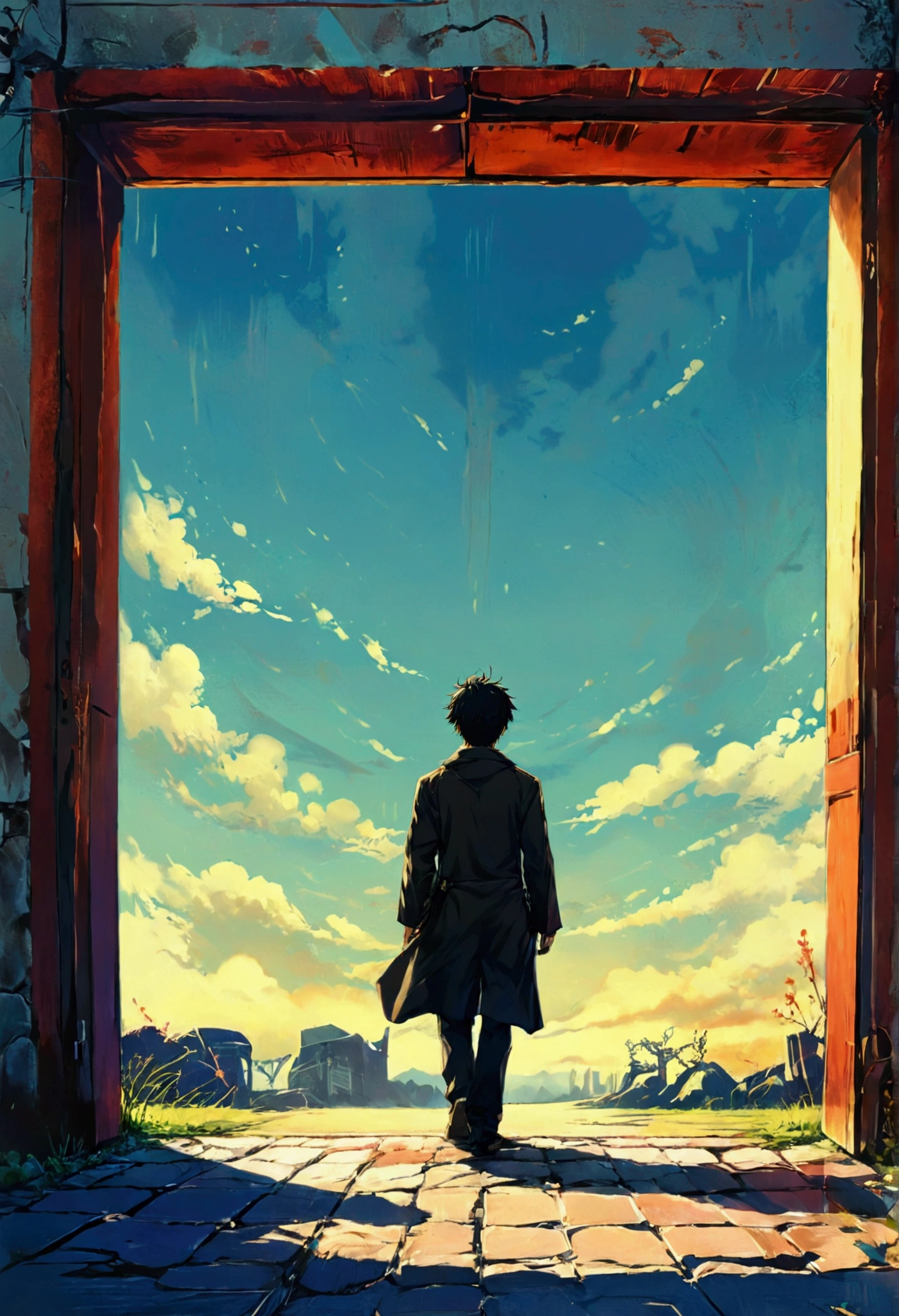 A MAN IN FRONT OF THE DOOR OF A HOUSE,manga style art,manga style art,manga style art,manga style art