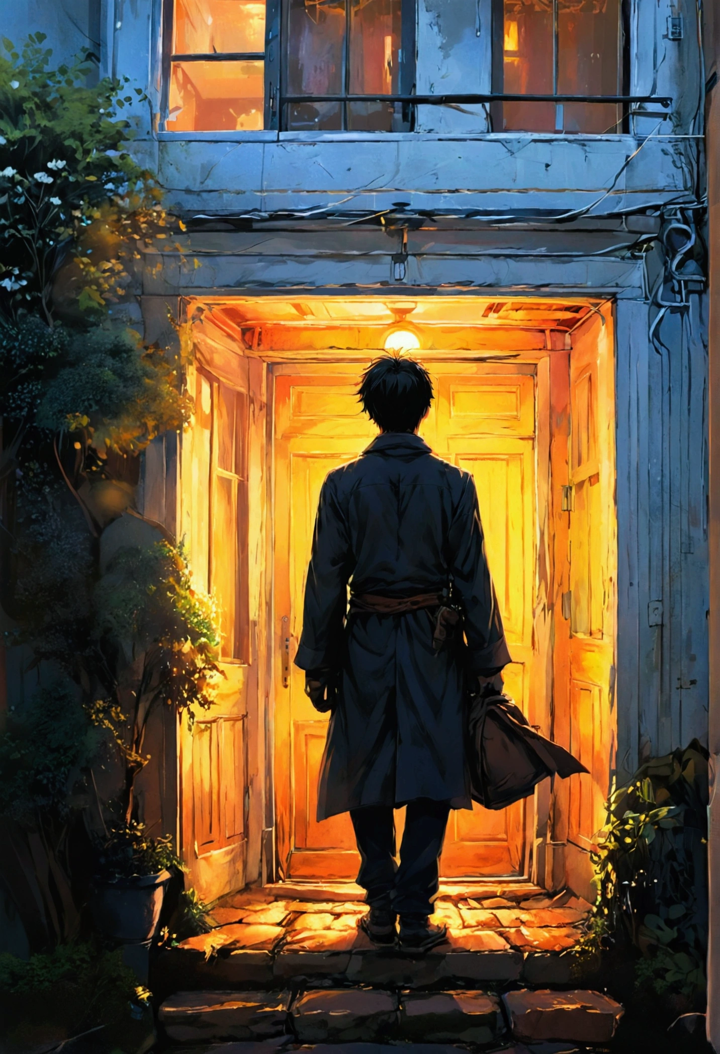 A MAN IN FRONT OF THE DOOR OF A HOUSE,manga style art,manga style art,manga style art,manga style art