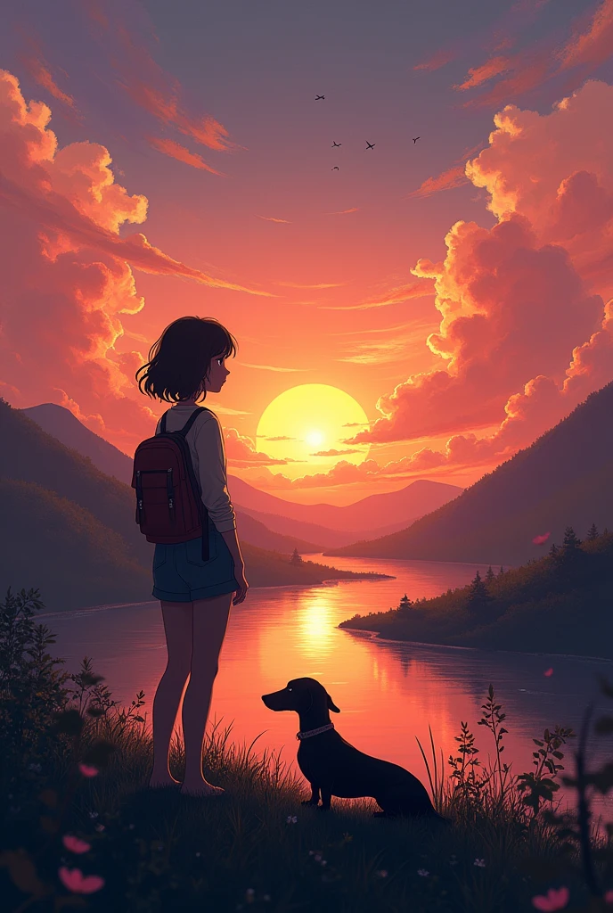 Generate an image that has a silhouette of a teenage girl next to her dachshund watching a sunset with many things in the background 