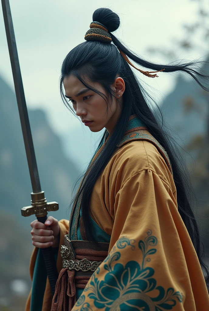 ultra HD,work of art,awardwinning,best qualityer,high resolution,8k,High details,(one  men:1.6),face perfect,long black hair,Ancient Chinese hair accessories,blonde hair accessories,(Opposite lens:1.4),(Hand sword:1.5),hand sheath,ancient chinese robes,martial arts,outlaw star,bougu,Week,There's a dragon behind,Chinese dragon,Patron Saint,the background is mountains and trees,moutain,pavilion,pine,brilliant sky,white cloud,an overcast sky,Big time,,ancient oriental architecture,ancient Chinese architecture,