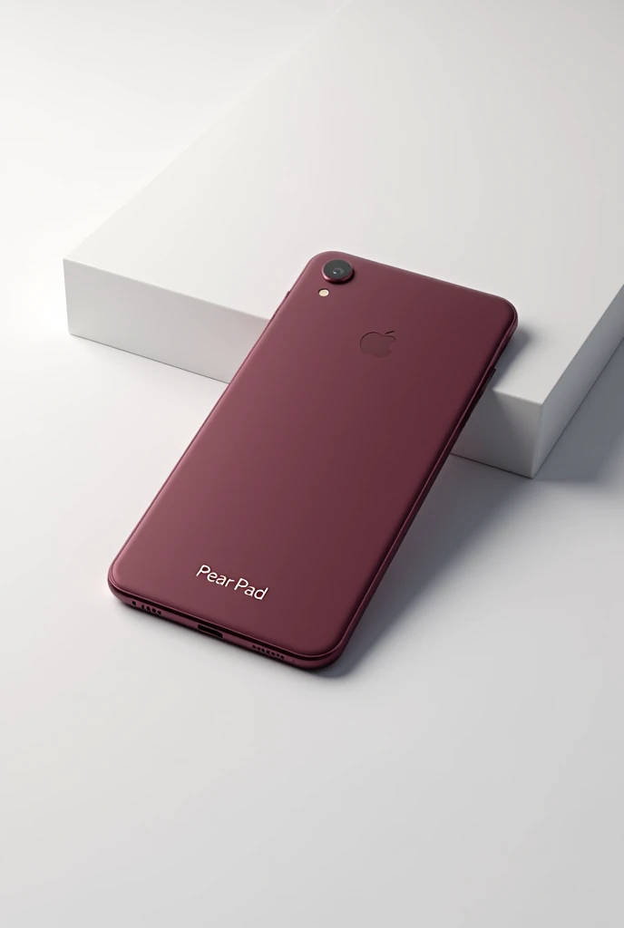 A wine-colored cellphone with the name 'Pear Pad' written at the bottom of the screen. The cellphone is resting on a white table, with no pears around.