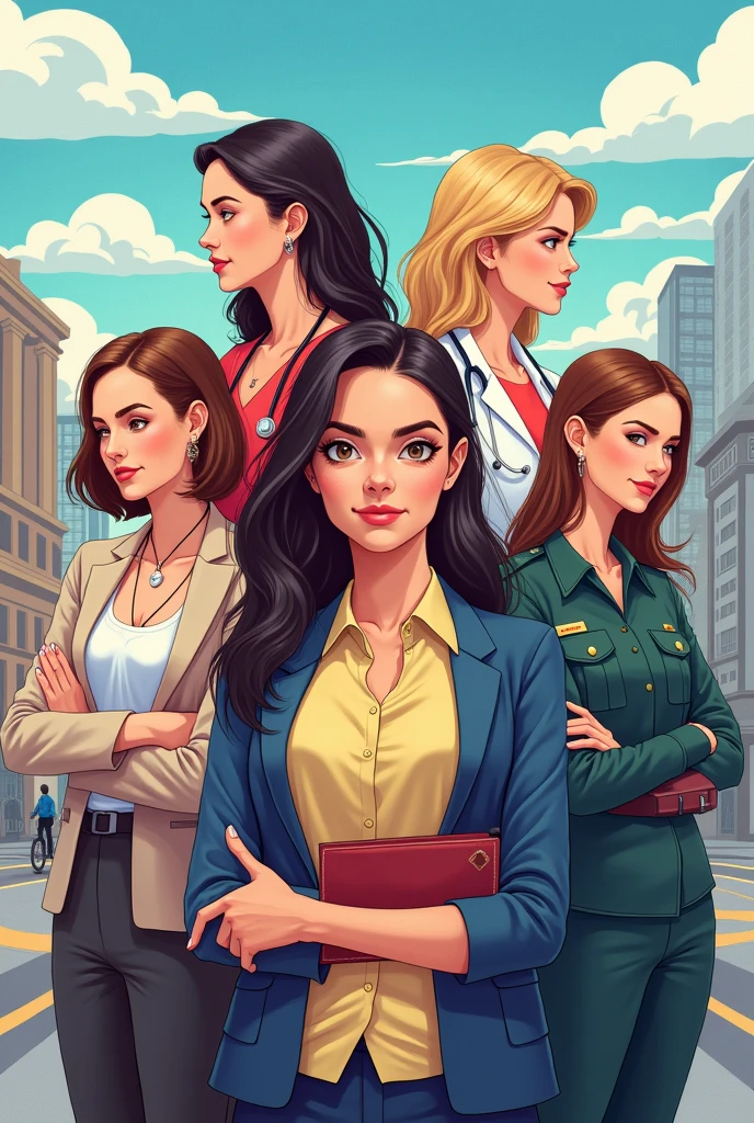 Create a drawing of a female teacher, a female doctor, a woman lawyer, A policeman and a female architect.