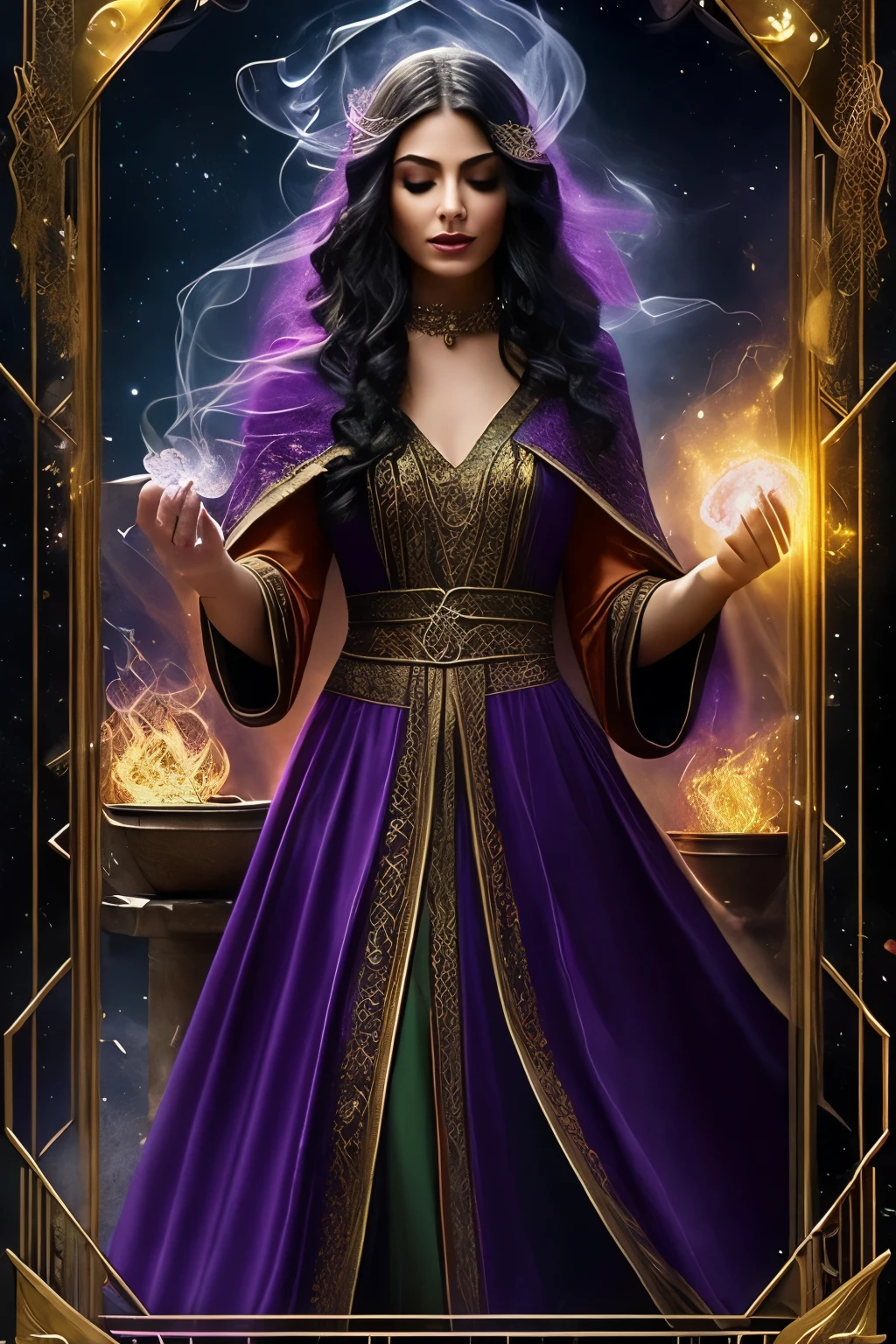 (SHLAMITE GYPSY MASTER) Super-Realistic, Standing showing all your realistic 8K red/orange lace dress floating in space , black hair, first, gilded, cos full cos perfect , Detailed hands with ruby ring, 40 year old, Mysterious front image ::8, Flowing mantle, Intricate Purple Makeup Patterns ::7, cos ::6, Enchanted Aura, glowing magic ::5, At your card table, Bubbling Potion ::4, Magic ingredients, spell books ::3, gesto de spellcasting ::2, mystical ambient, supernatural presence ::1. Smoke and atmosphere:  , natural powers, como frutas, Sheets, crystals, 16K.  