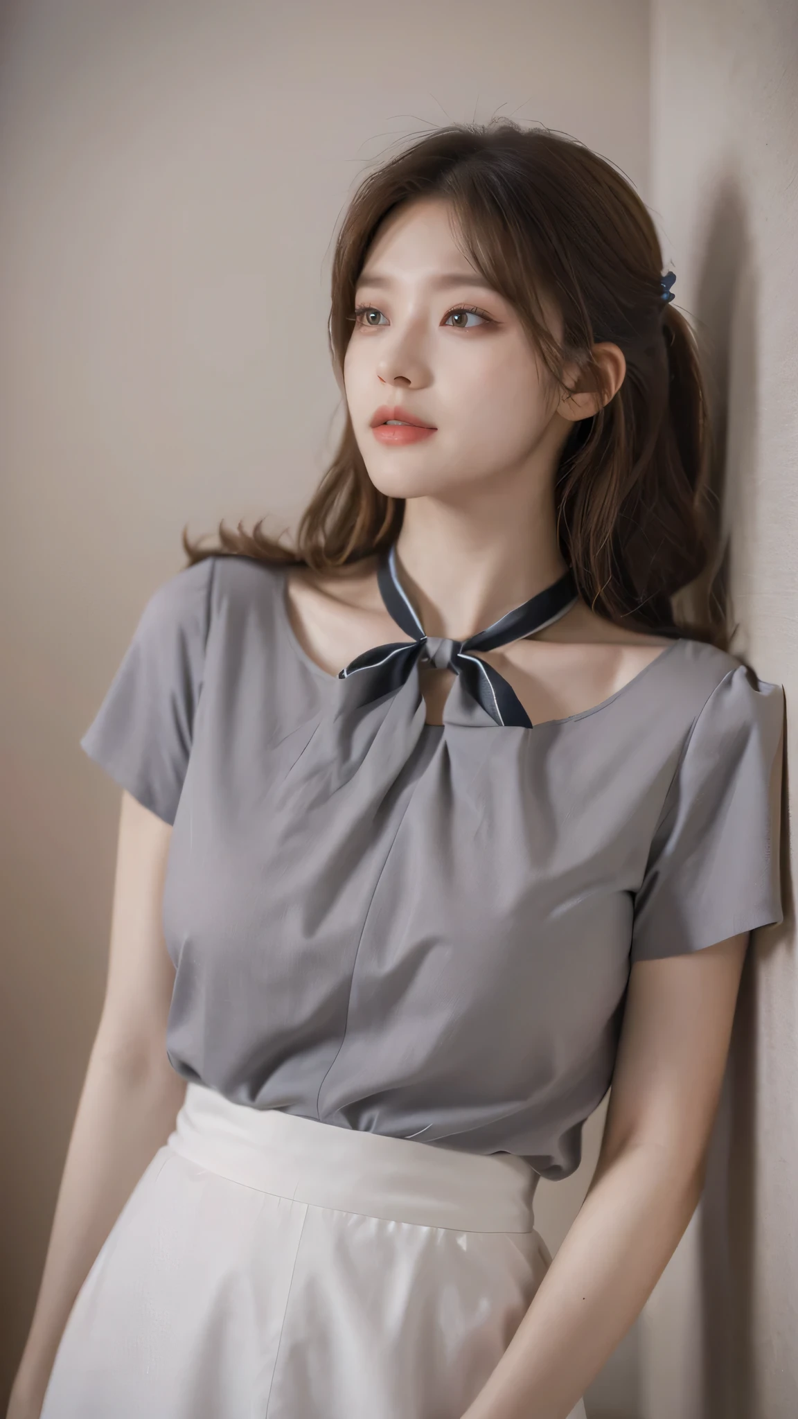 detailed background, masterpiece, best quality, 1 person , curly hair, long hair, purple eyes, star in eye , grey Strapless blouse, long skirt, grey , grey blouse , beautiful bow, detailed bow,