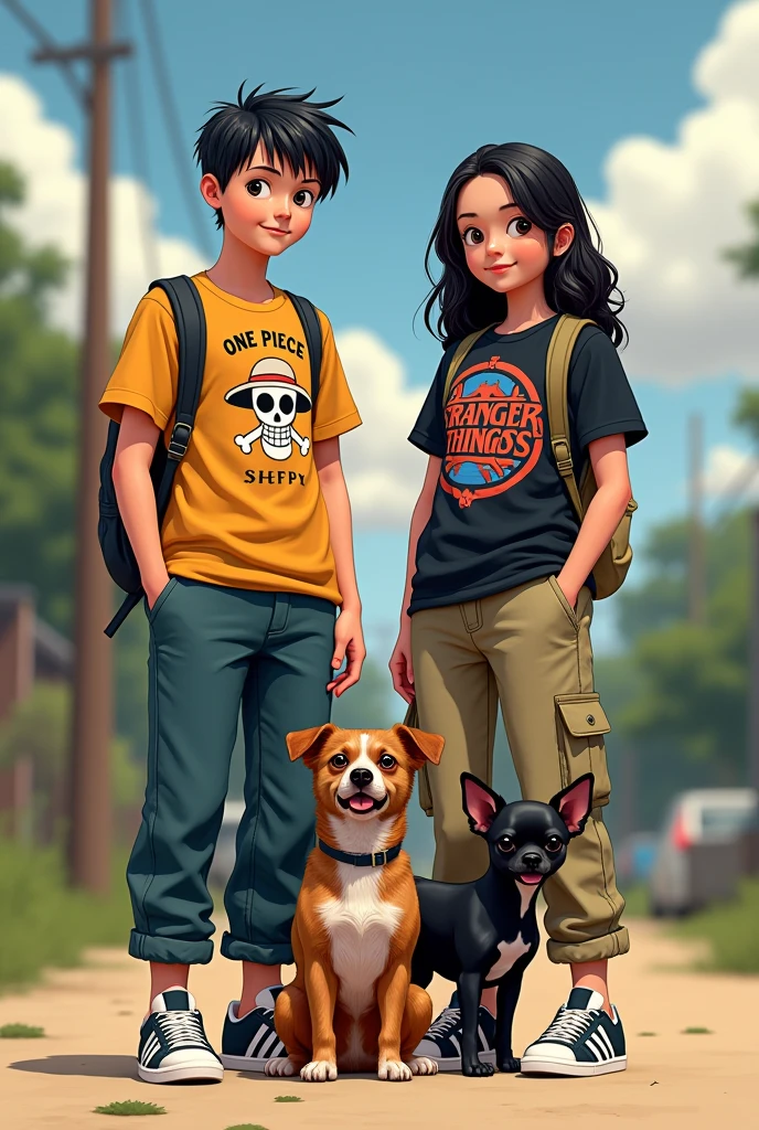 Boy with luffy shirt commando pants Adidas forum shoes Tomas Shelby haircut, girl with a stranger things shirt with bell-bottom cargo pants, Adidas shoes, short wavy hair along with a brown dog and a black chihuahua dog