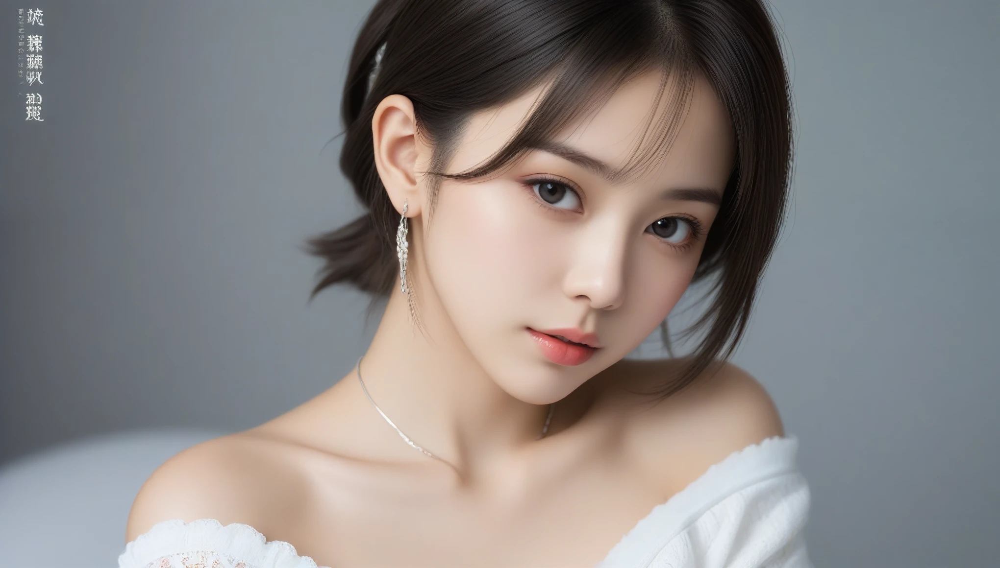 8k, Ultra-high resolution, Highest quality, masterpiece, 三分割法によるphotograph,Surreal, photograph, 1 Girl, (:1.3), pretty girl, Cute Face, 細部までBeautiful Eyes, 細かくdetailedに,masterpiece,One Girl:1.2,Japanese female announcer,cowboy shot,Serious expression,Black short hair,Short ponytail,Super Beautiful Girl 4,((1 girl:1.4)),Shine, Natural skin texture、(Stylish clothes:1.4)、(Sexy Costumes:1.4)、(Beautiful breastsを強調する衣装:1.4)、Attractive girl、16 years oldmale body:1.4)、(女の子のポートレートphotograph:1.4Photorealistic images:1.4),Fantasy art,(Beautiful Face:1.4)、Beautiful breasts,Beautiful and attractive eyes、Beautiful Eyes、(Tight waist:1.4)、(9 Beautiful girls with perfect body proportions:1.4),Red lips,(choker:1.4、necklace:1.4、Earrings:1.4),Looking at the audience,(((Ideal body type))),A-cup small breasts :2,、Portraiture:2、Perfect Anatomy、鮮明なdetailed、detailed,Fashion magazine cover,Thin lips,Gray background ,完璧でBeautiful Face ,完璧でCute Face, Skin with attention to detail, Perfect limbs、Narrow waist,Looking at the audience,(((Ideal body type))),A cup small breasts :2,Portraiture:2,Perfect Anatomy,鮮明なdetailed,detailed,Surreal,Light and shadow,spotlight
