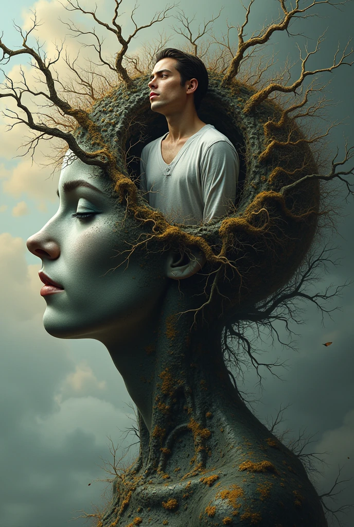 The design features a representing the elements of air and earth.
Feminine Figure (Earth): Representing the element of earth, the feminine figure is delicate yet strong, with features that evoke vegetation. The colors are greens and browns, with textures that convey the stability and fertility of the earth.
Masculine Figure (Air): On the other side, the element of air is depicted as a dynamic and intense masculine figure, with an aura of battle. This figure could be a winged entity or an abstract form that suggests movement and conflict. The dominant colors are light blue or white, with details resembling clouds or wind, emphasizing a sense of power and turbulence.
