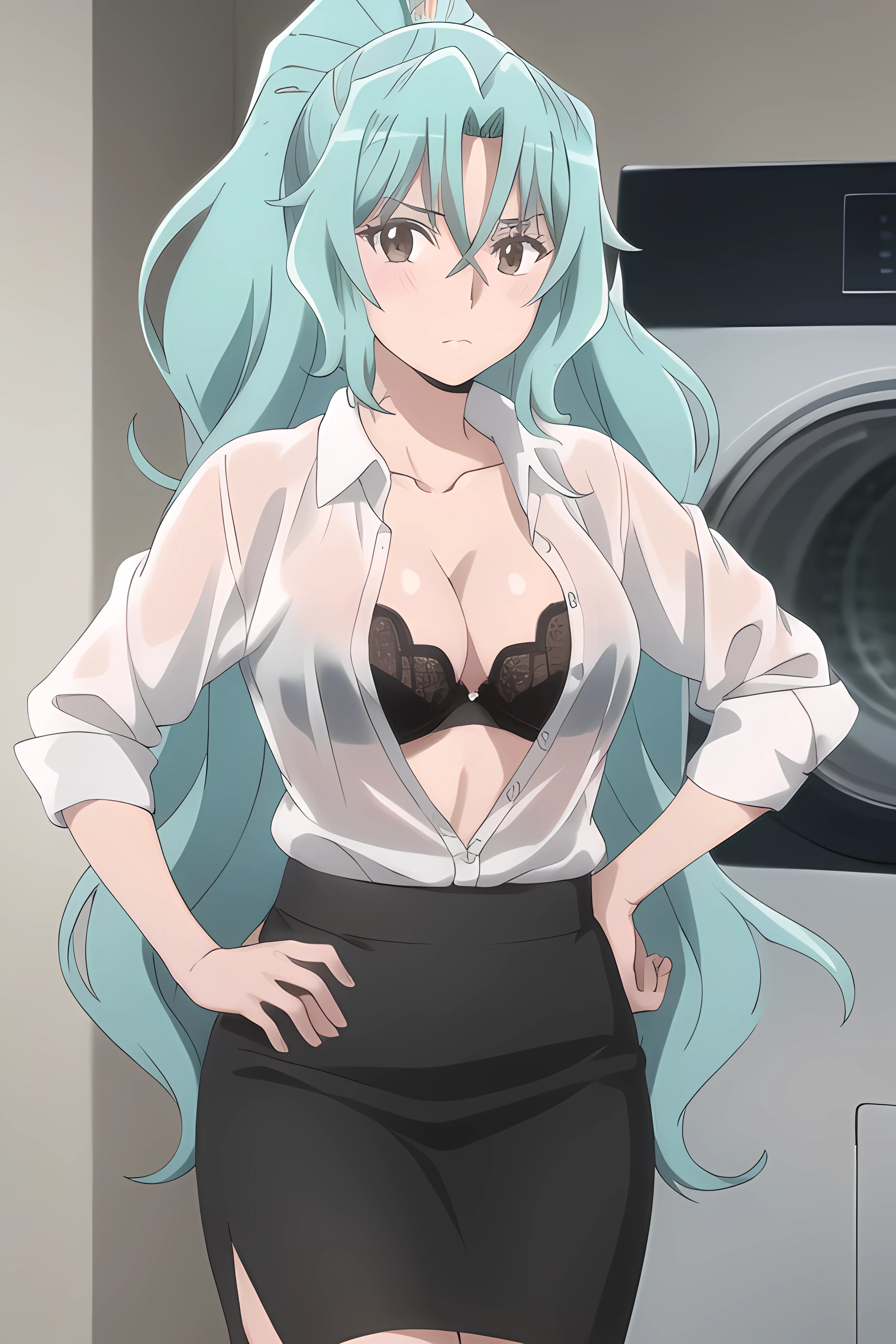 1girl, female, solo, masterpiece, high quality, huge breasts, shining breasts, perky tits, blush, tomoe, aqua hair, long hair, ponytail, hair between eyes, white shirt, pencil skirt, black lace bra, in laundry room, she unbutton her shirts, white shirt, looking at viewer, washing machine, unbutton her shirt, unbuttoning her shirt, black pencil skirt, pencil skirt, black pencil skirt, pencil skirt black, skirt undress