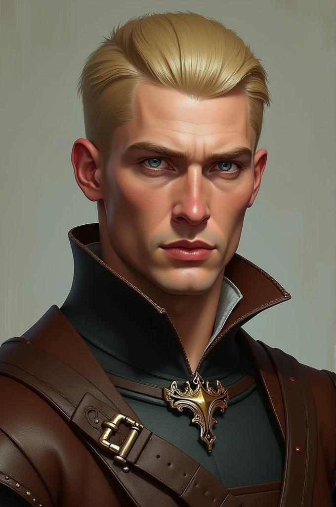blond man, blue colored eyes, thin mouth, short hair and combed back, in medieval clothing