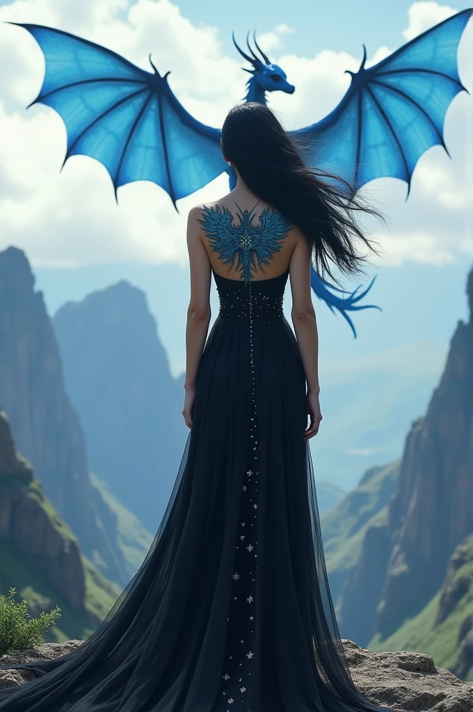 Make an image of a woman with the appearance of Axnein Nove, she is standing with her back turned in a black dress with white stars, the back is exposed showing a large tattoo of a blue dragon with large wings that takes up the entire back of the woman, Her hair is black and swept to the side, it is long and voluminous, the landscape in front of her is a cliff and there is a huge blue dragon with large wings flying in front of her, the same dragon from the tattoo.
make the image as real as possible