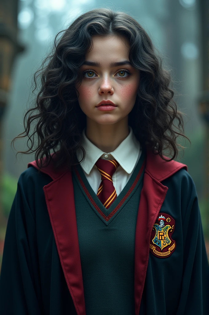 Pretty girl with dark curly hair in Harry Potter robes