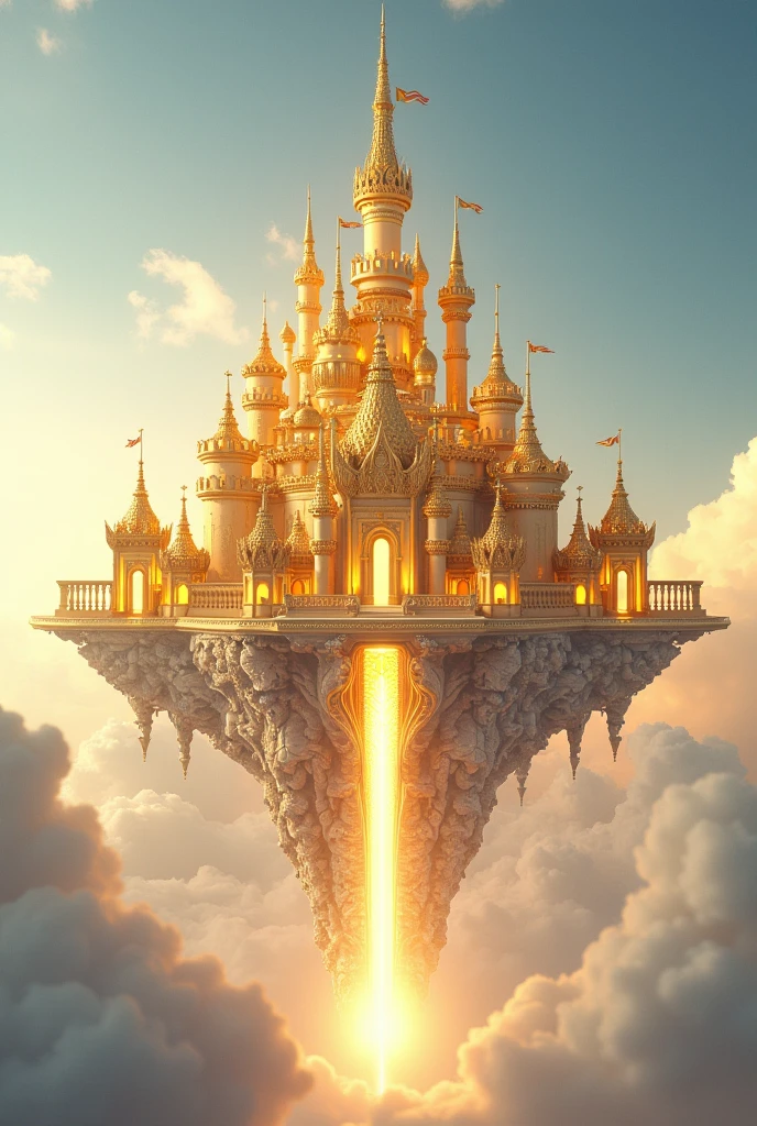 Generates a golden castle in the sky with glass windows that looks horizontally, This should be big and wide not so tall, with flashes of a central light, Without flags , elegant, Pure, This castle must contain precious pearls that look realistic, without creating a reflection at the bottom and a beautiful wall with two large doors, that can be seen from the outside