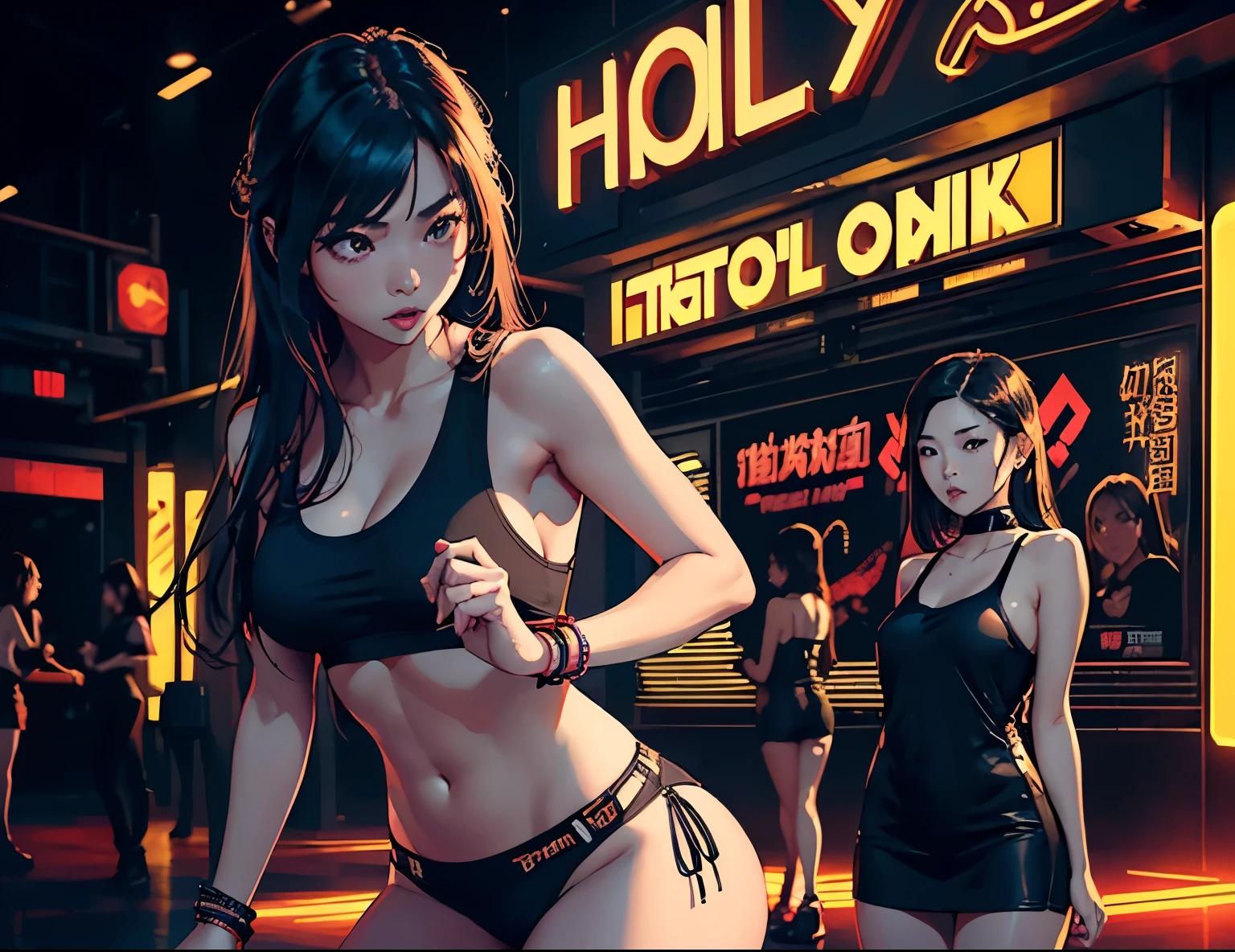 (1girl,2girls,beautiful asian women,hot asian women,women in mini dresses,women in tank tops,sensual dance,dancing,club scene,bold typography,slay,typography poster,high quality,extremely detailed,cinematic lighting,hyper realistic,photorealistic,8k,masterpiece)