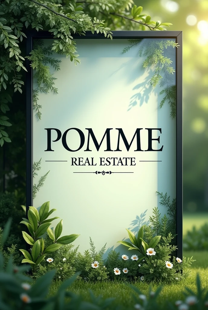 Create an art in green and blue colors with the name Pomme Real Estate for advertising, pomme imóveis is a real estate agency