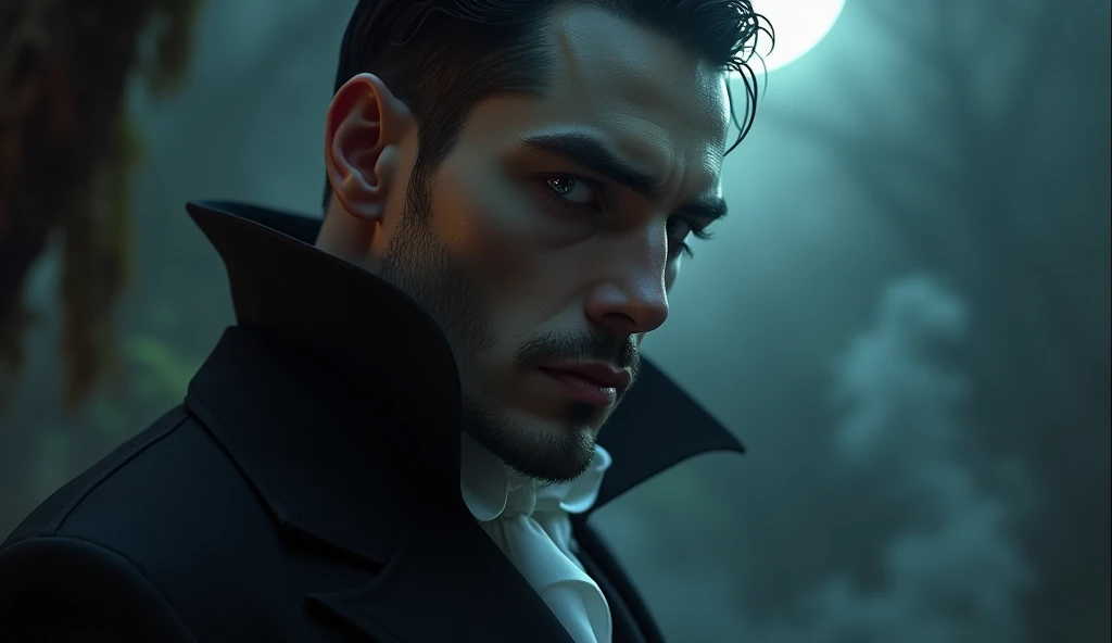 a sexy male vampire with long canine like fangs