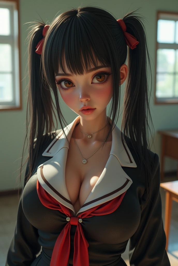 PERFECT MASTERPIECE, EXTREMELY DETAILED CG UNITY 8K UHD QUALITY RESOLUTION WALLPAPER, PHOTOREALISTIC, RAW PHOTO, AWARD-WINNING PORTRAIT, OFFICIAL ART, PROFESSIONAL CINEMATIC LIGHTING, The most beautiful and sexy school girl, very long black colored hair in pigtails, vibrant moonlight eyes, long detailed eyelashes, blushing, full pouting pink lips, curvy body type, full hips, super huge enormously gigantic tits, cleavage showing, gigantic tits bursting out of her shirt, wearing a school girl uniform and school girl skirt, squatting spreading her legs open arching her back in a sexy seductive slutty pose, looking at the viewer, close up pov camera view from below, sexy seductive slutty facial expression, empty classroom background
