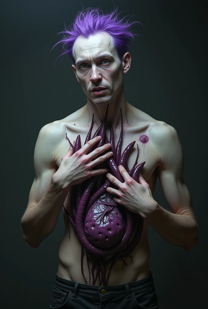 A man with purple hair,with a parasite coming out of his chest