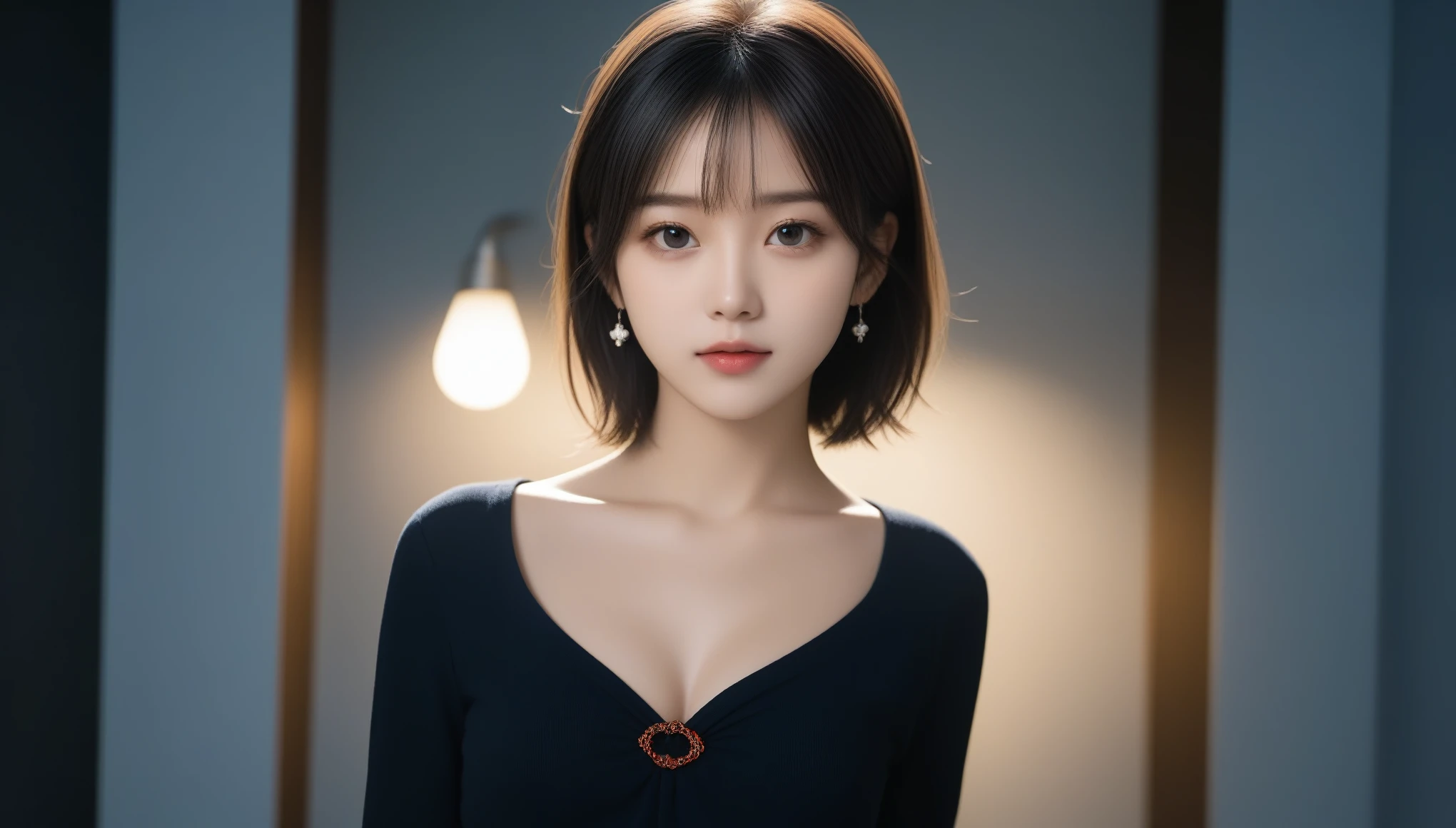 8k, Ultra-high resolution, Highest quality, masterpiece, 三分割法によるphotograph,Surreal, photograph, 1 Girl, (:1.3), pretty girl, Cute Face, 細部までBeautiful Eyes, 細かくdetailedに,masterpiece,One Girl:1.2,Japanese female announcer,cowboy shot,Serious expression,Black short hair,Short ponytail,Super Beautiful Girl 4,((1 girl:1.4)),Shine, Natural skin texture、(Stylish clothes:1.4)、(Sexy Costumes:1.4)、(Beautiful breastsを強調する衣装:1.4)、Attractive girl、16 years oldmale body:1.4)、(女の子のポートレートphotograph:1.4Photorealistic images:1.4),Fantasy art,(Beautiful Face:1.4)、Beautiful breasts,Beautiful and attractive eyes、Beautiful Eyes、(Tight waist:1.4)、(9 Beautiful girls with perfect body proportions:1.4),Red lips,(choker:1.4、necklace:1.4、Earrings:1.4),Looking at the audience,(((Ideal body type))),A-cup small breasts :2,、Portraiture:2、Perfect Anatomy、鮮明なdetailed、detailed,Fashion magazine cover,Thin lips,Gray background ,完璧でBeautiful Face ,完璧でCute Face, Skin with attention to detail, Perfect limbs、Narrow waist,Looking at the audience,(((Ideal body type))),A cup small breasts :2,Portraiture:2,Perfect Anatomy,鮮明なdetailed,detailed,Surreal,Light and shadow,spotlight