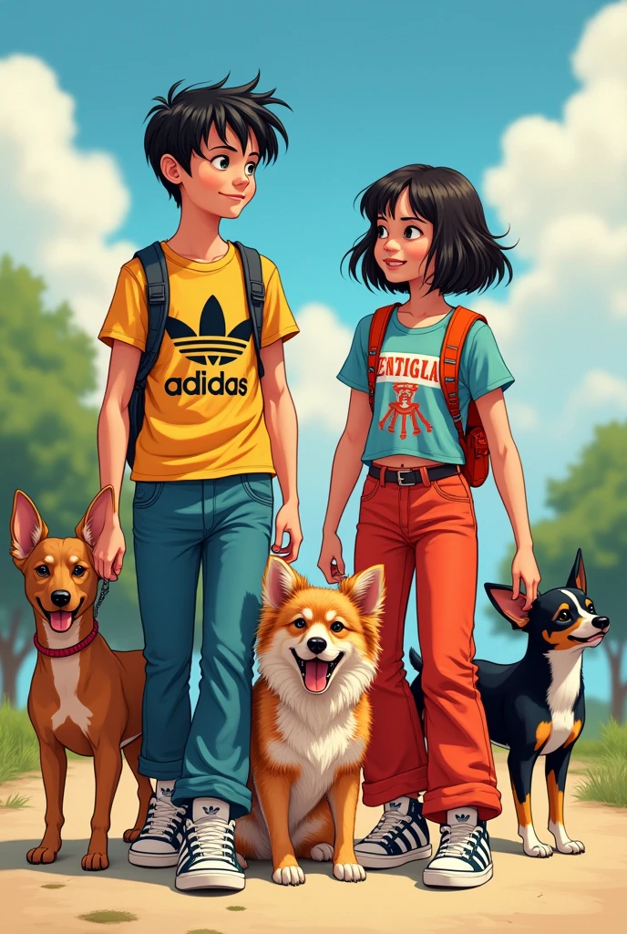 Boy with luffy shirt commando pants Adidas forum shoes Tomas Shelby haircut, girl with stranger things shirt with bell-bottom cargo pants, Adidas shoes, short wavy hair, a pair of a brown dog and a black chihuahua dog