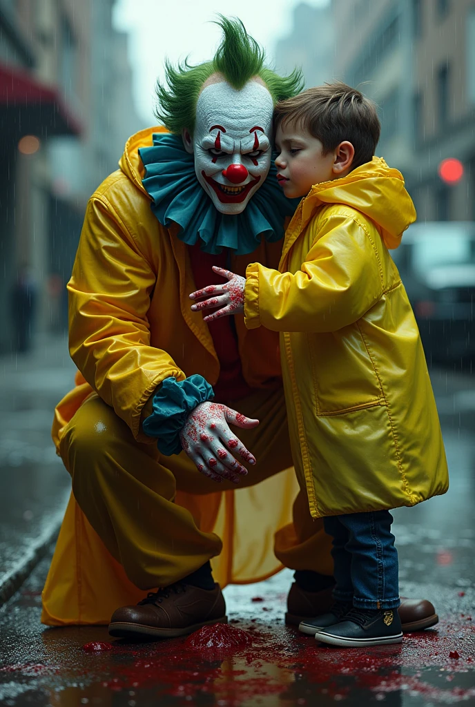 A clown in the gutter ripping off the hand of a boy wearing a yellow and transparent raincoat, in the rain with the reflection of the water with the boy&#39;s blood ((realisitic)) ((detailded)) ((real-life))