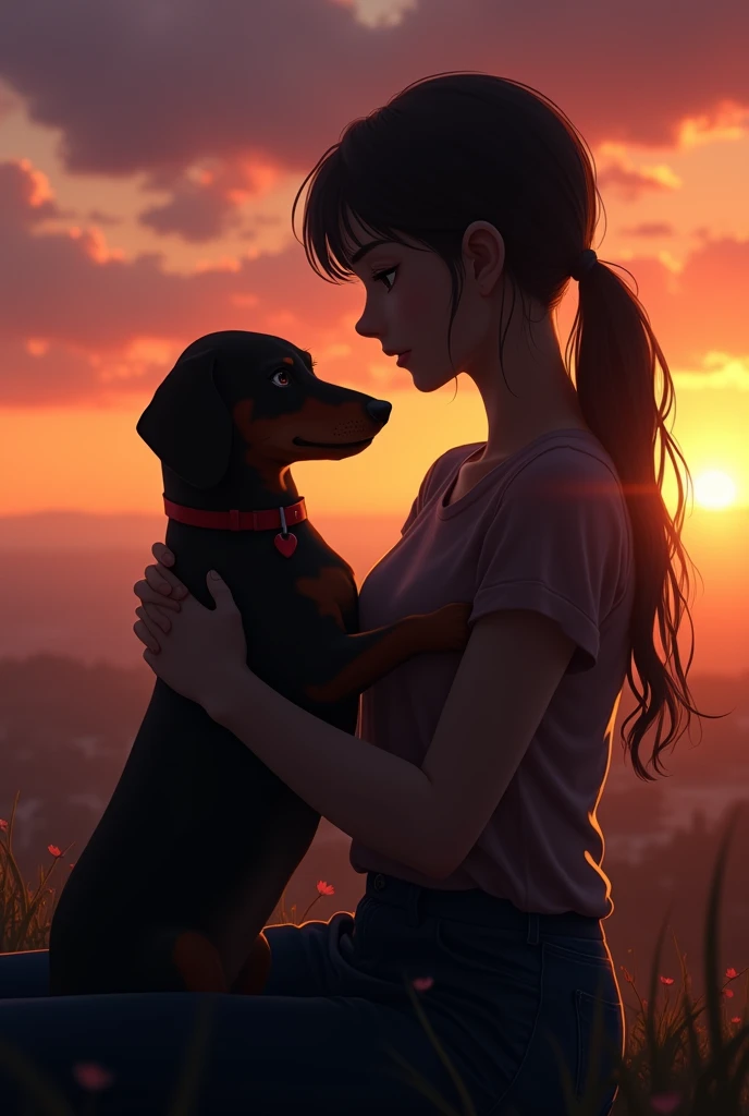 Generate an image that has a silhouette of a age girl next to her dachshund watching a sunset remembering the death of the dog. The girl hugs the dog.