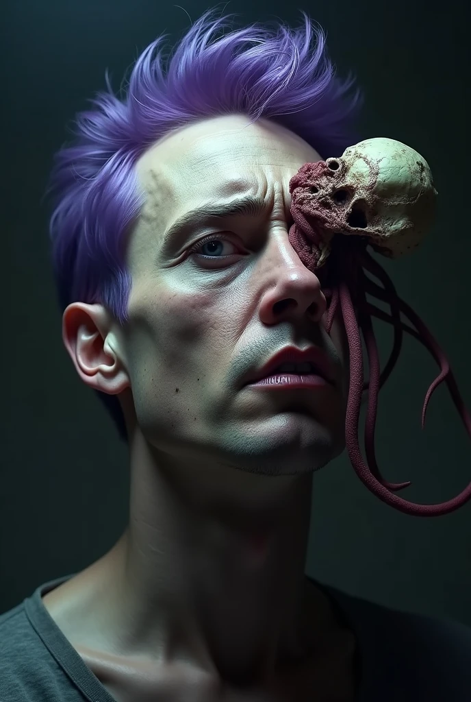 A man with purple hair,with a parasite coming out of his brain