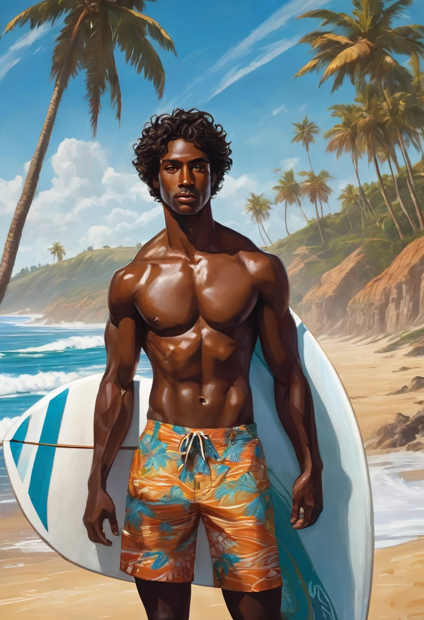 Make a character with wavy hair, male, brown eyes, well-drawn and structured hands, full lips, relaxed style eyes, Black skin, wearing surfer clothes, no shirt, surf shorts, surfboard under left hand, holding a surfboard with left hand, beach scenery, blue sky, calm ocean, WizardLM-2 8x22B style art, realism art