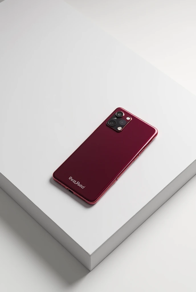 A wine-colored cellphone with the name 'Pear Pad' written at the bottom of the screen. The cellphone has a vertical camera just like the previous one. It is resting on a white table, with no pears around.
