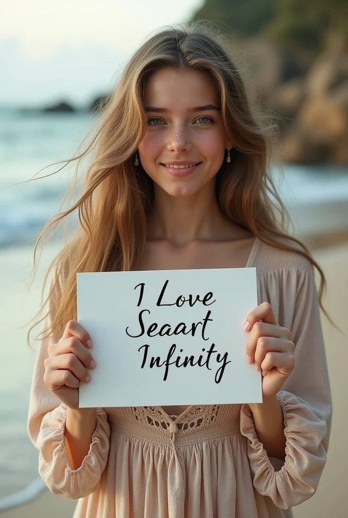 Beautiful girl with wavy long hair, bohemian dress, holding a white board with text "I Love Seaart Infinity" and showing it to the viewer