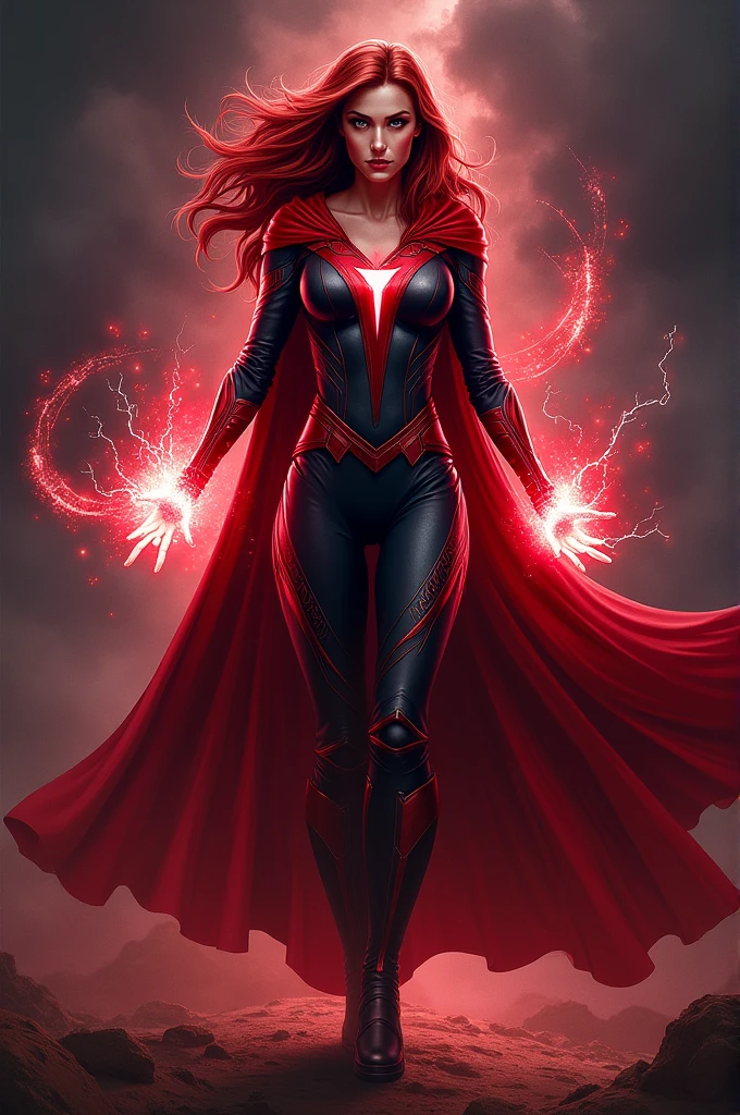 Sexy Scarlet Witch transparency flying in a dark sky above the earth