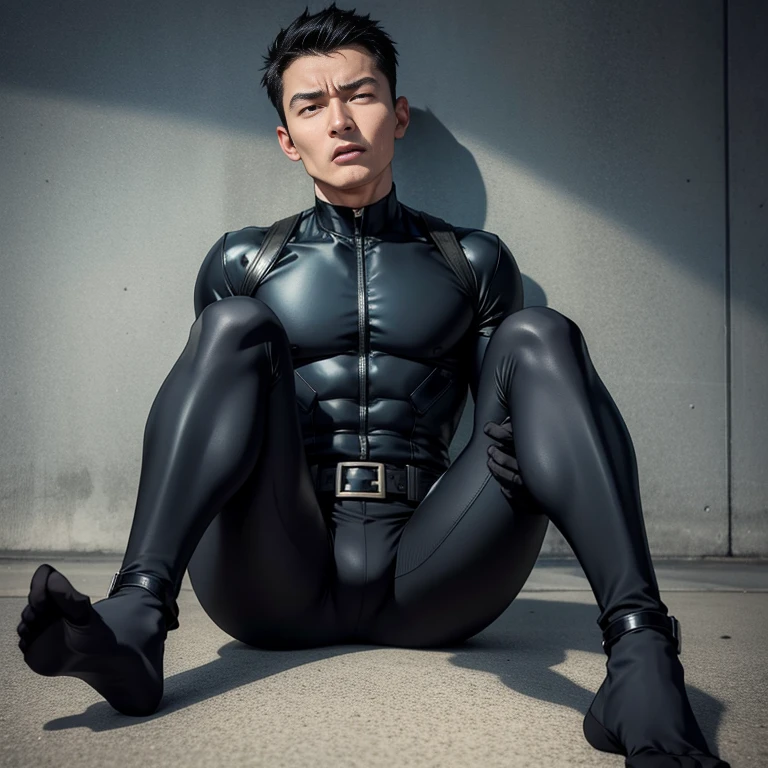 40 years old,One Man,、Handsome、Black bodysuit、Shocker Belt、tall、logic肉質、concrete logic,Gay ,Very short hair。Sit on the ground with your legs spread in an M shape、The crotch area of the pants is bulging、Black socks Showing off the soles of your feet Screaming and suffering face
