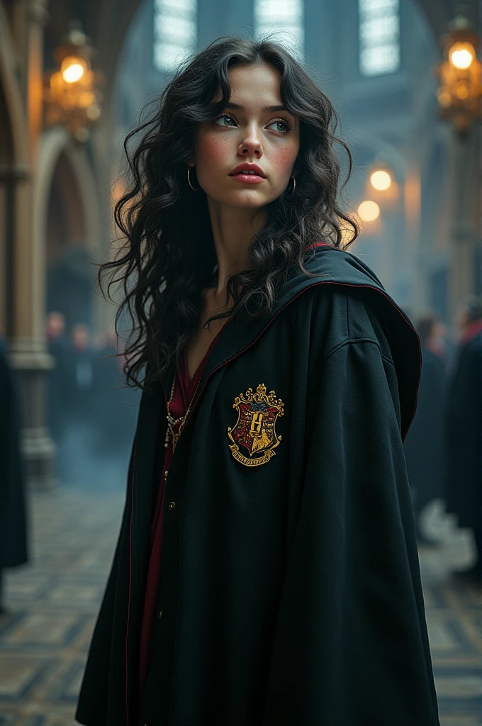 Very Pretty girl with soft features and dark curly hair in Harry Potter robes