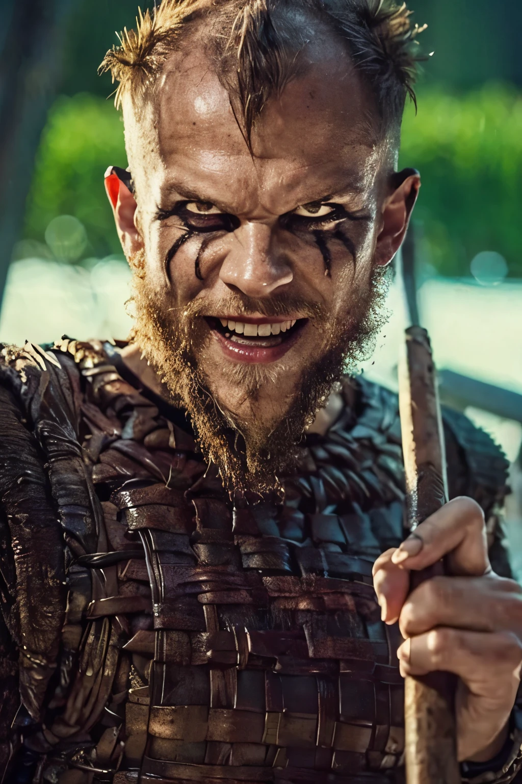 Hyper realistic, ultra detailed, upper body. cinematic posterof Floki a viking warrior, old man, 50 years old, black makeup on eyes, beard, holding axe on hand, (((angry face, psycho, creppy smiling))), ultra realistic, skin texture, cinematic lighting. Cinematic thunder background.