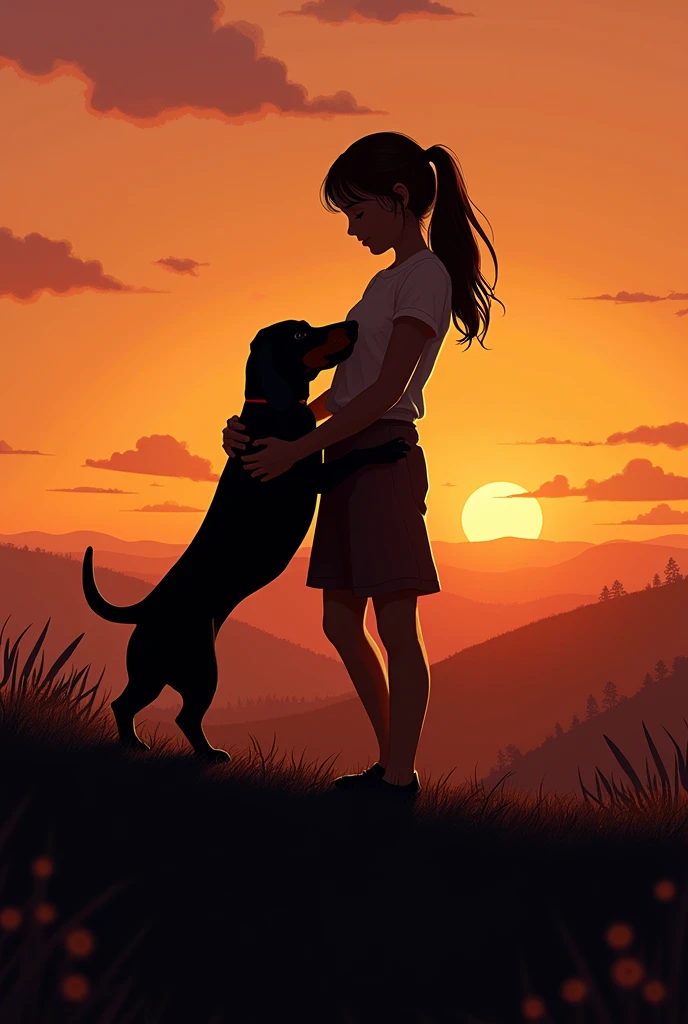Generate an image that has a silhouette of a teenage girl next to her dachshund watching a sunset of the dog. The girl hugs the dog because she misses him.