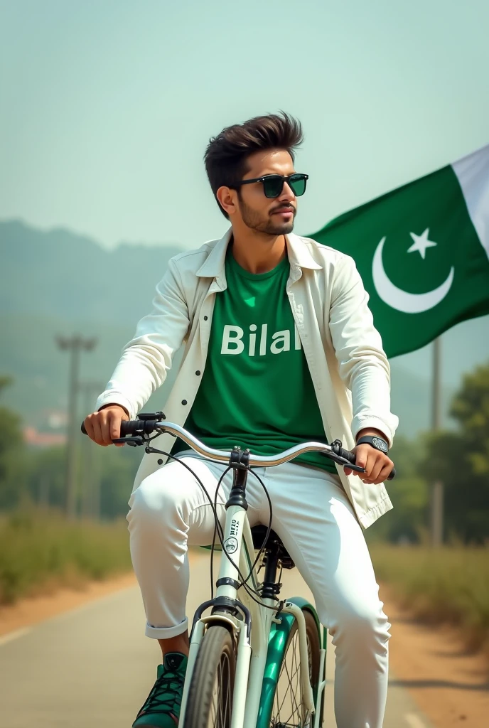 Create an Real image featuring a young man
sitting of a white and green bick,with Pakistan’s scenic background. He’s holding a flag celebrating Pakistan’s 14th August. The boy wears a green T-shirt with ‘Bilal’ printed on it, white jacket, white pants, green shoes and sunglasses.