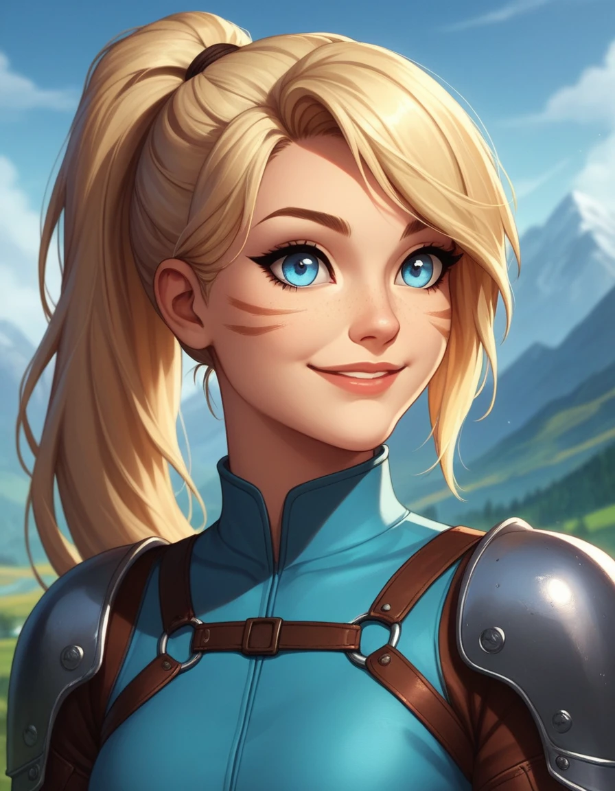 score_9,score_8_up,score_7_up, score_6_up, score_5_up,source_anime, human, Kat, blue eyes, black whisker marks on face, blonde hair, hair in ponytail, wearing blue tunic, brown pants, leather gauntlets, leather straps and adventuring gear, leather boots,big smile, on a mountain pass trail,
