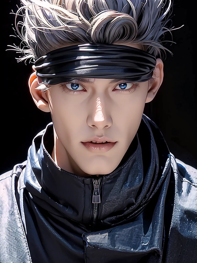 Envision a hyper-realistic image of a man with striking features, bringing to life the character of Gojo Satoru from Jujutsu Kaisen. His silver hair, short and unruly, frames a well-proportioned, small face that captures his sharp and attractive features. His eyes, a vivid blue, are hidden behind a blindfold, yet his face conveys the confidence and playful smirk that Gojo is known for.

His build is lean and his posture relaxed yet poised, wearing a form-fitting black turtleneck that complements his stature. The texture of his clothing suggests quality and precision, fitting for his character’s refined strength. The background should be subtle, directing the focus to his mysterious and enigmatic presence, which is underscored by the iconic blindfold—a symbol of his unique abilities and charismatic nature.