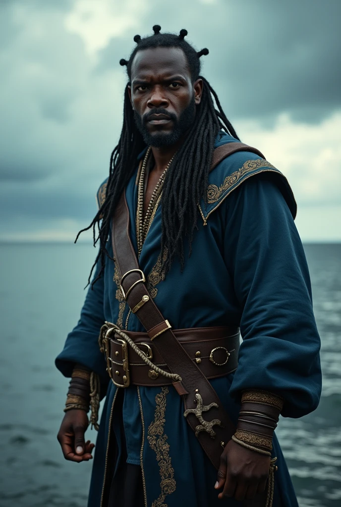 Black man in his 30s with braided hair dressed in dark blue pirate clothing.