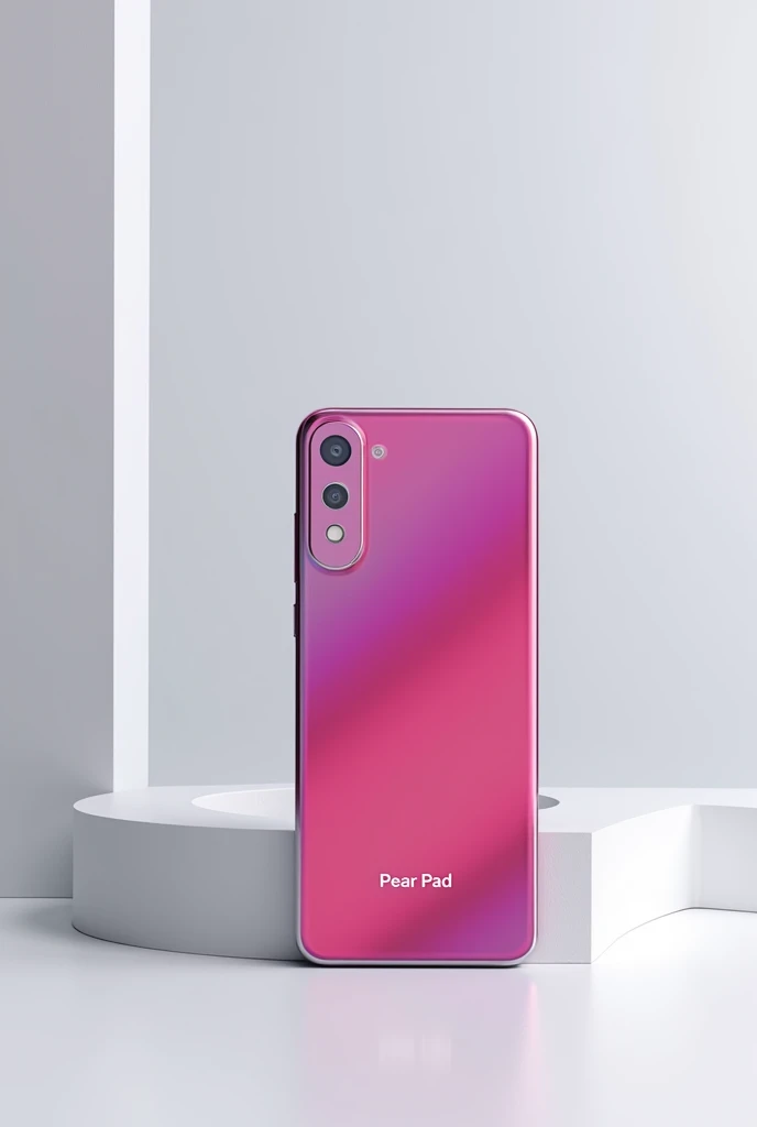 A wine-colored cellphone with the name 'Pear Pad' written at the bottom of the screen. The cellphone has a vertical camera just like the previous one. It is resting on a white table, with no pears around.