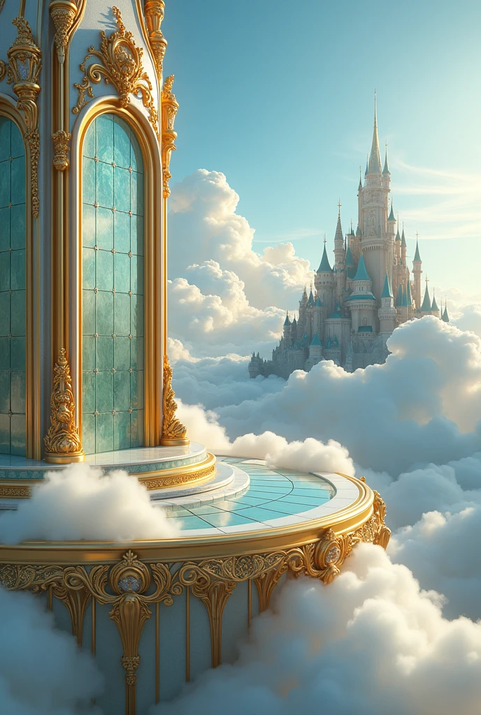 Generates a kingdom in the sky of gold with glass windows 2 meters high and 15 meters wide with a gold wall and two main walls with pearls in the clouds and in the background you can see a huge castle 