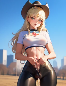 AppleJack, AppleJack from my little pony, AppleJack in the form of a girl, long hair, Wild hair, cowboy hat, apple earrings, on a farm with apple trees, steampunk style, a lot of magic, lightning nets, best quality, very detailed, ultra 8k resolution, (cum on clothes:1.5), , Cyberpunk. 1girl, female, sozinho, background with buildings far away, avenida, luzes vermelhas, Preto e branco (melhor qualidade), (realista,fotorrealista:1,37), (obra prima), linda garota, middlebreasts, top vermelho, black legging pants, (cum on leggings:1.4), blush, humiliated, nsfw, ((girl masturbation)), (ejaculation:1.5), shiny leggings, wet, sweat, penis om face, gangbang