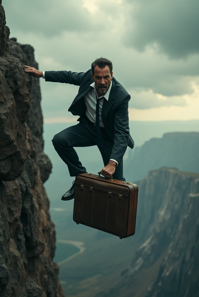Man with a open suit case of cash hanging from a cliff 