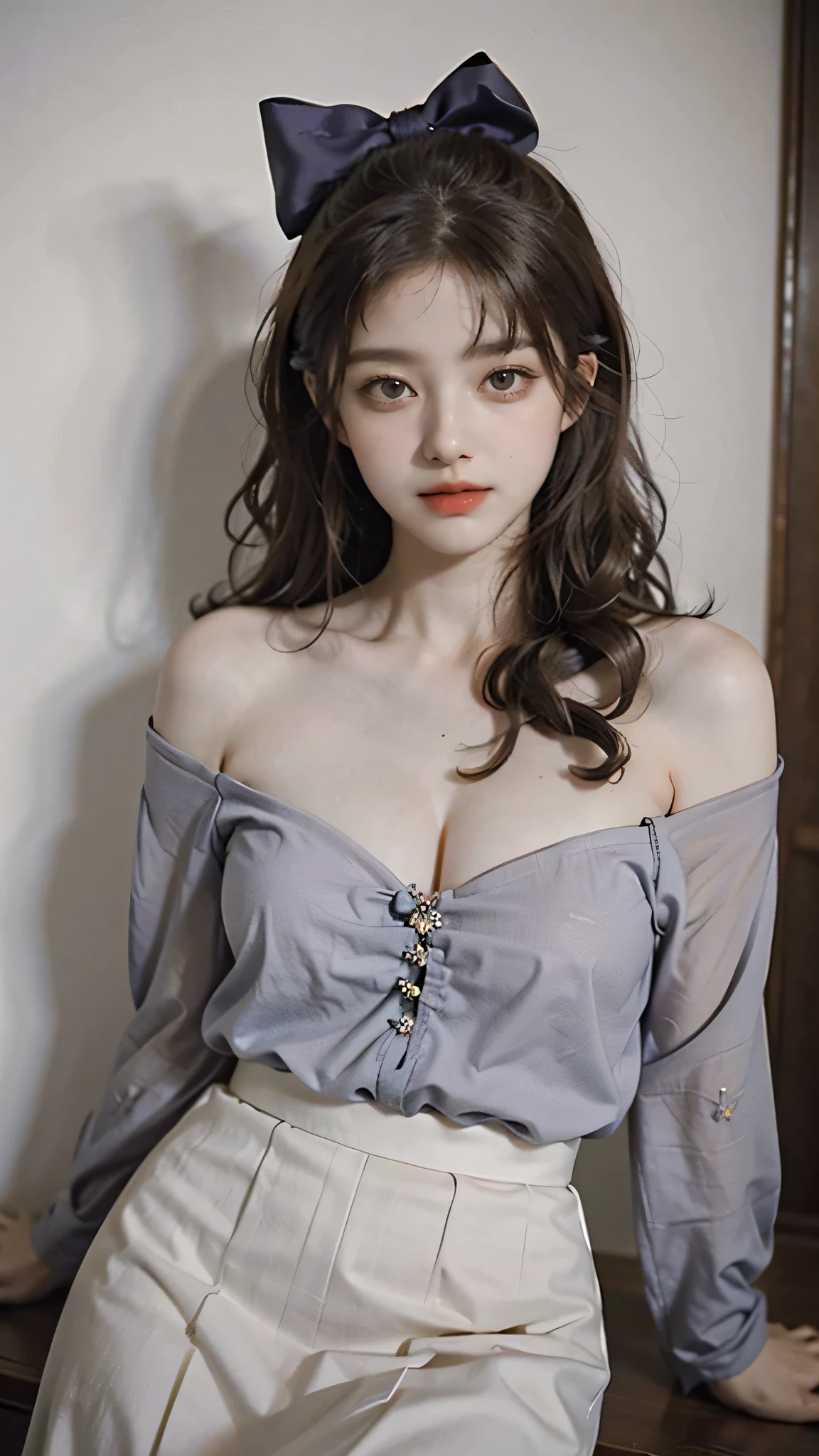 detailed background, masterpiece, best quality, 1 person , curly hair, long hair, purple eyes, star in eye , grey Strapless blouse, long skirt, grey , grey blouse , beautiful bow, detailed bow,