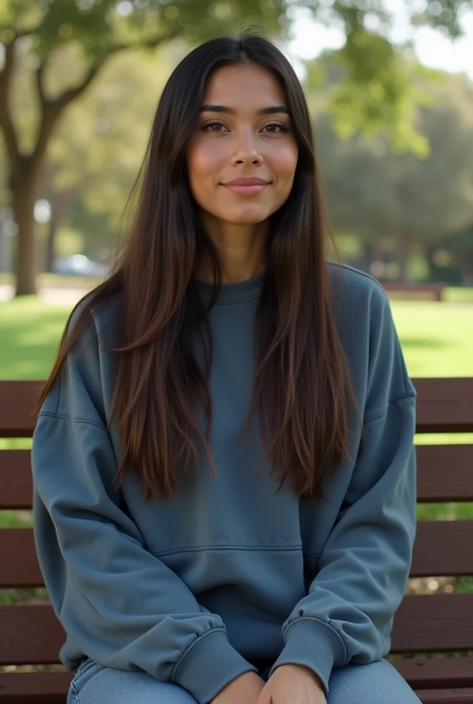 A 25-year-old, 150-pound Brazilian woman with long, dark straight hair and wearing a sweatshirt , in a sweatshirt sitting on a park bench with her friend standing next to her , full body background room looking forward