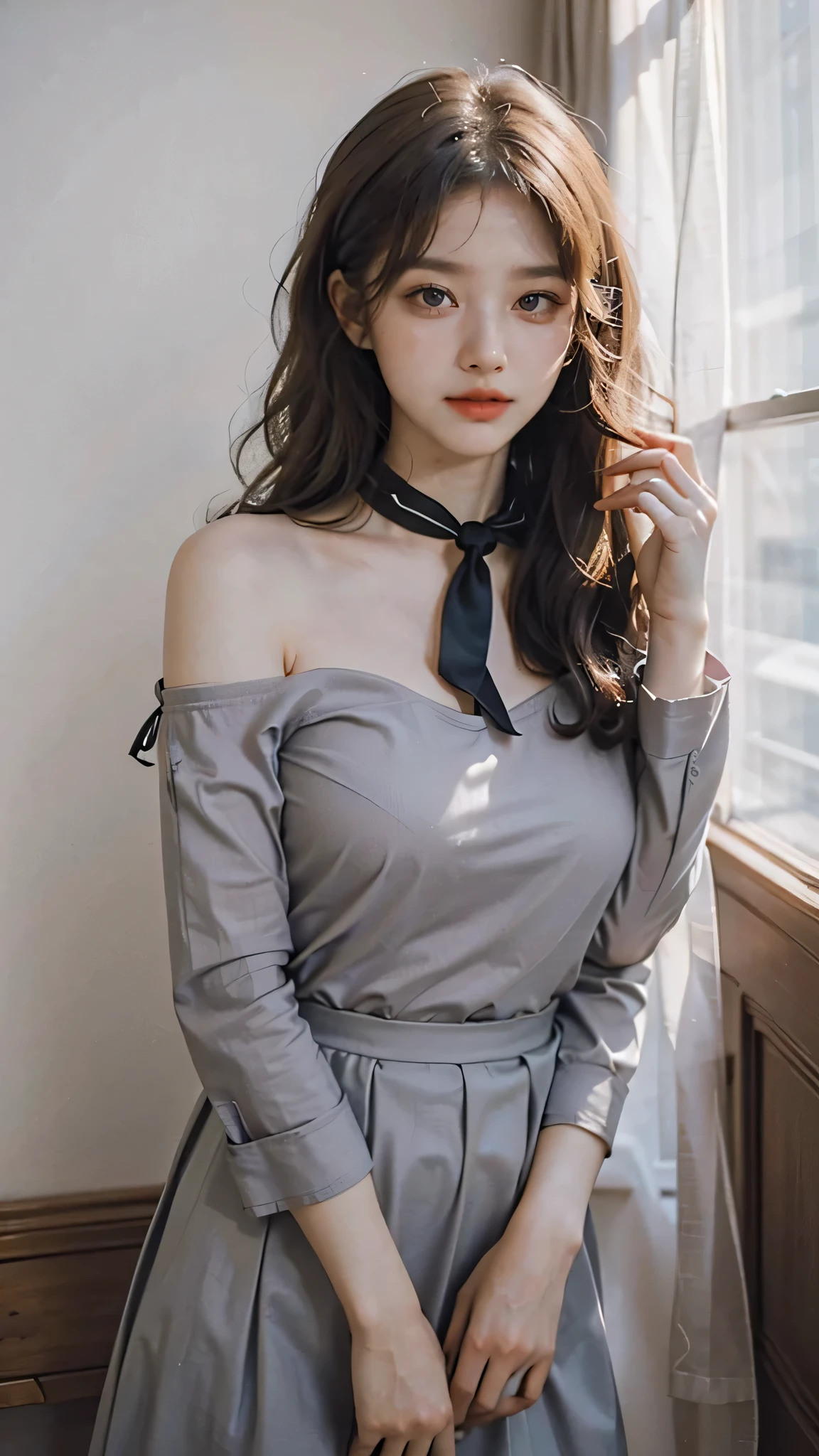 detailed background, masterpiece, best quality, 1 person , curly hair, long hair, purple eyes, star in eye , grey Strapless blouse, long skirt, grey , grey blouse , beautiful bow, detailed bow,