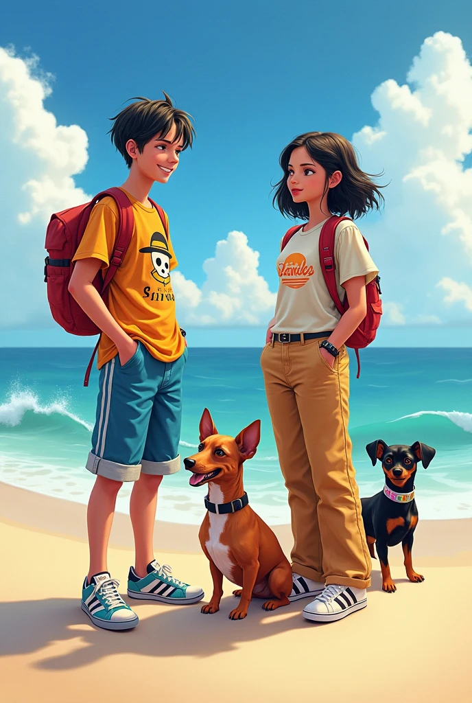 Boy with luffy shirt commando pants Adidas forum shoes Tomas Shelby haircut, Girl with a Stranger Things shirt with bell-bottom cargo pants and Adidas shoes, short wavy hair along with a brown dachshund dog and a black Chihuahua dog with a beach on its neck that says Luffy