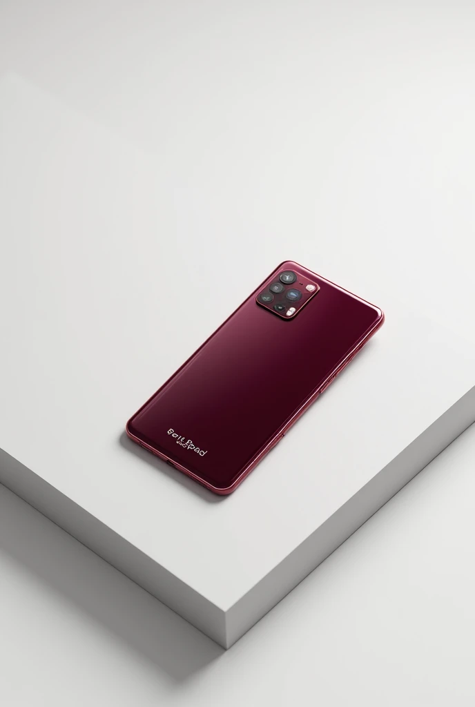A wine-colored cellphone with the name 'Pear Pad' written at the bottom of the screen. The cellphone has a vertical camera just like the previous one. It is resting on a white table, with no pears around.