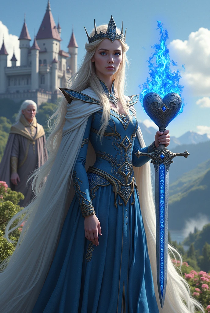 Imagine a majestic queen with blue eyes. It stands against the backdrop of a magnificent kingdom with a castle and towers., surrounded by green hills and blooming gardens. In one hand, the queen holds a sword with exquisite blue patterns., sparkling on the blade. In her other hand she holds an iron heart., from which a blue flame emanates, symbolizing strength and courage.
И сзади у неё её родители и её сестра которые in different clothes, but also with a characteristic element, emphasizing her royalty. And in another country there stands a beautiful young king with black-red hair and black eyes who shows courage and war, in different clothes, but also with a characteristic element, emphasizing her royalty. А сзади стоят его родители сестрой которые in different clothes, but also with a characteristic element, emphasizing her royalty.